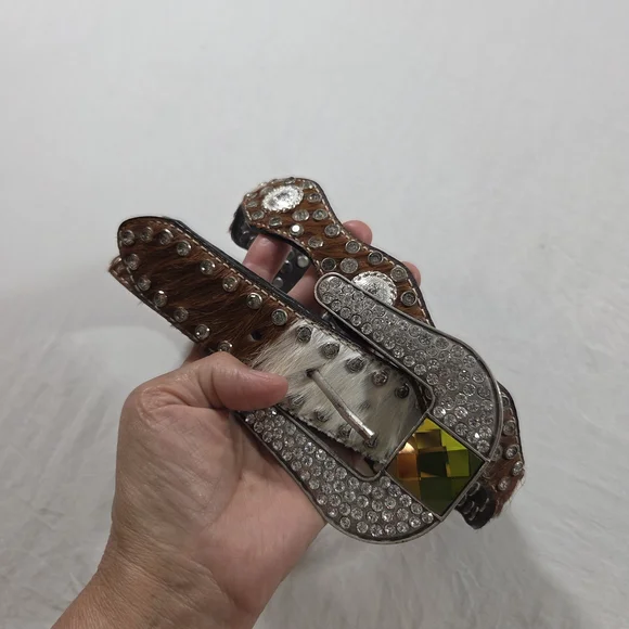 NOCONA Belt Leather Brown White Western Belt Silver Details Cowhide Large Unisex - Picture 8 of 8